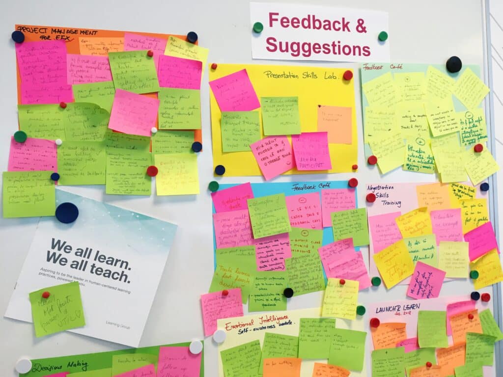 White board with post-its on it. Feedback board. Organize.