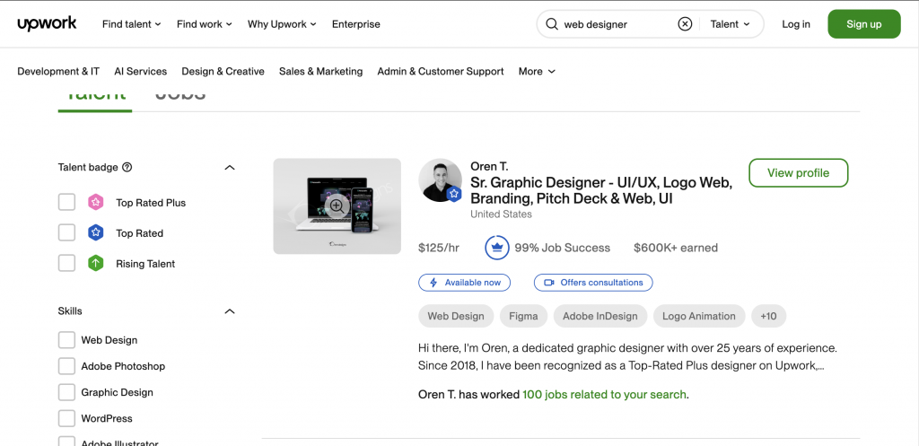Upwork profile of a web designer